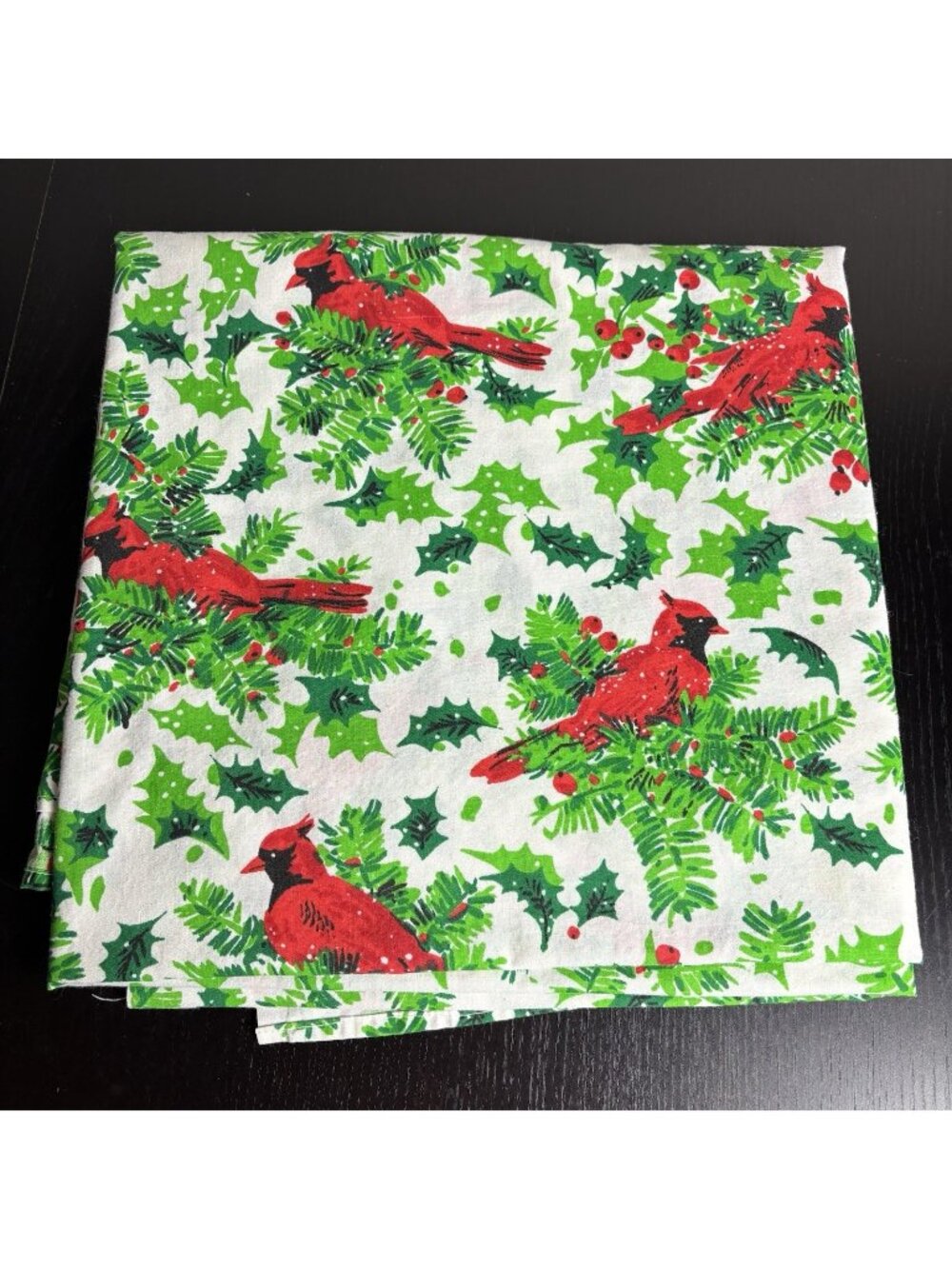 Vintage Red Cardinal Bird & Holly Print Christmas Holiday Tablecloth 54"W x 53"L